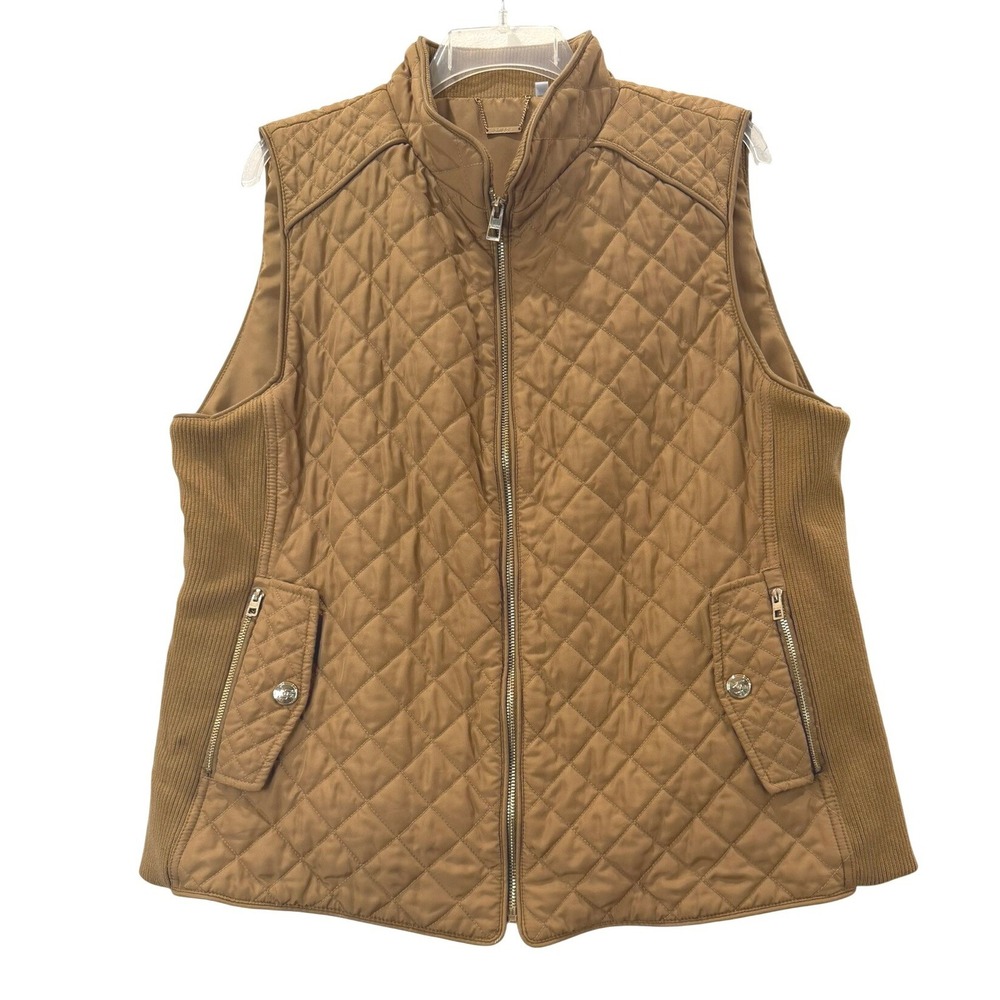 Chicos Womens XL Size 3Quilted Puffer Vest Tan Brown Ribbed Knit Sides Full Zip